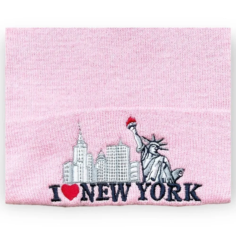 I Love New York. I Heart NY. I Love New York Embroidered Cozy Pink Beanie Hat.